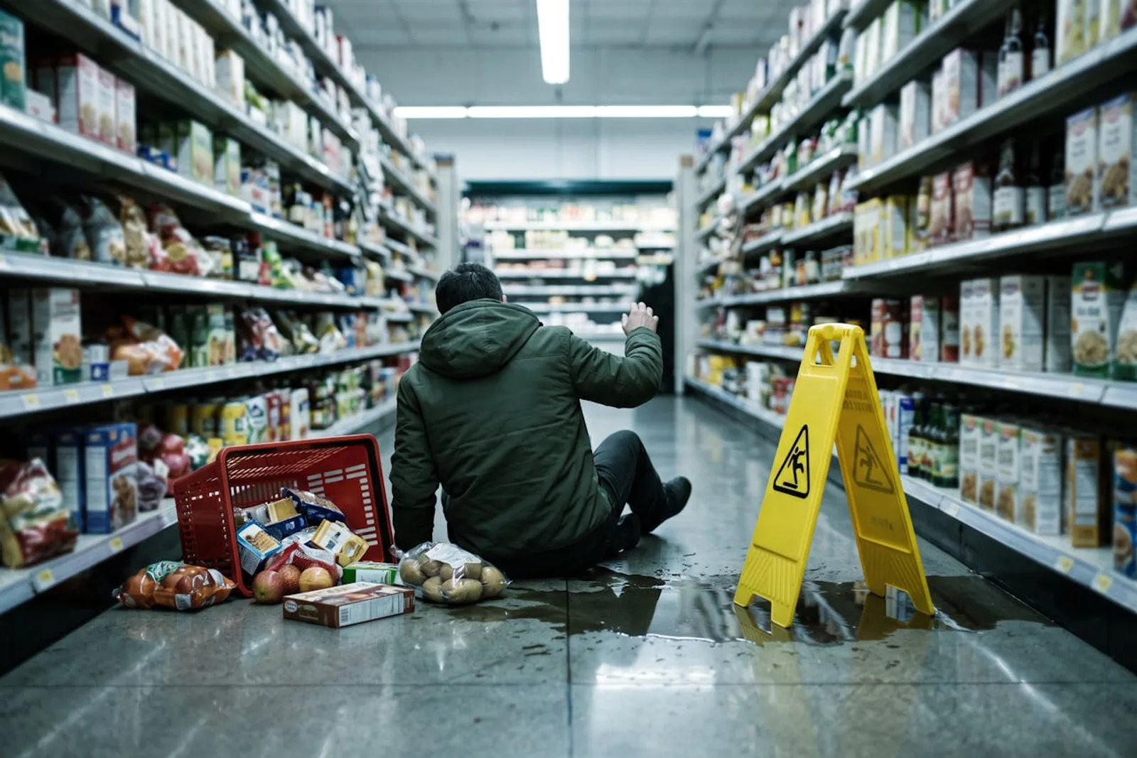 A shopper on the floor beside a wet-floor sign in a supermarket aisle