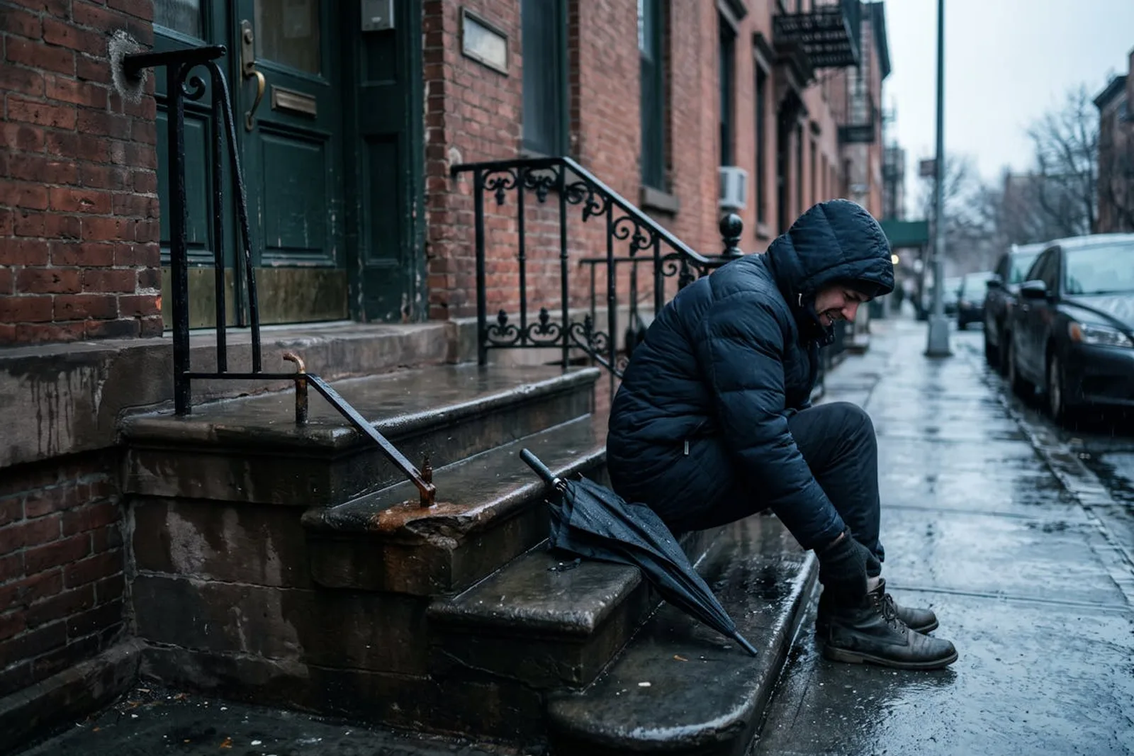 A person sitting on wet building steps after a fall, holding an ankle