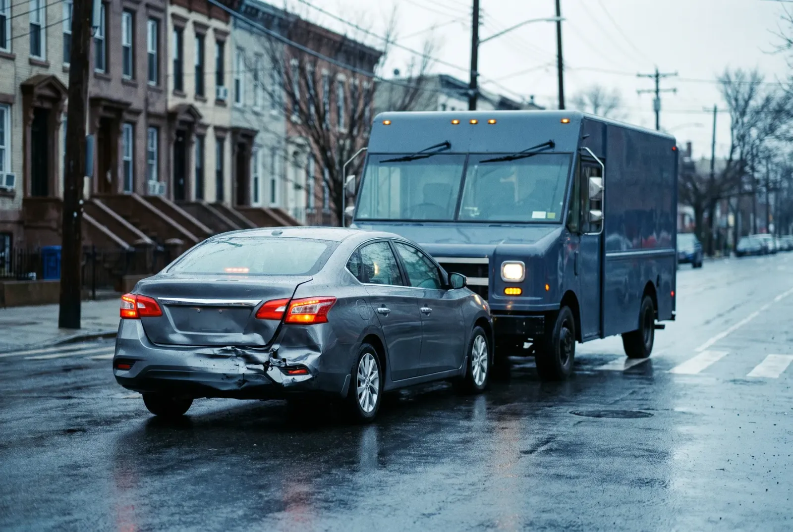 A sedan with rear-end damage after a collision with a delivery truck on a wet New York street