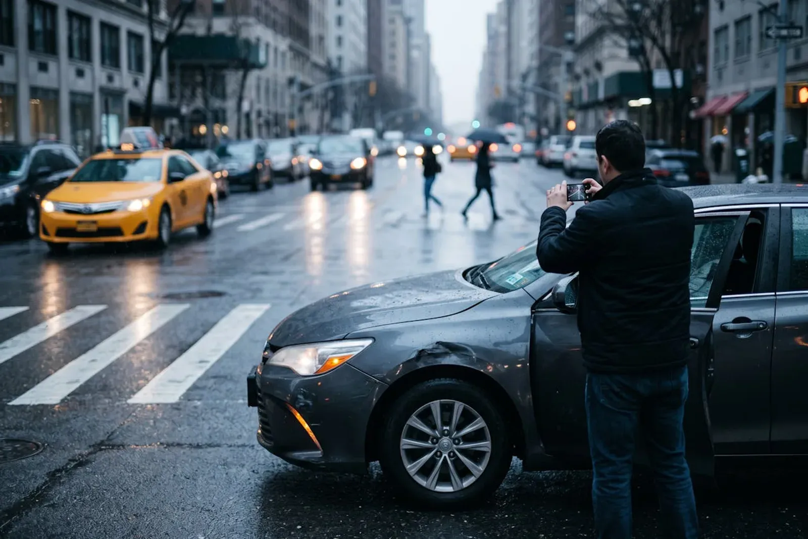 Queens pedestrian accident lawyer: a driver photographing damage near a Queens crosswalk