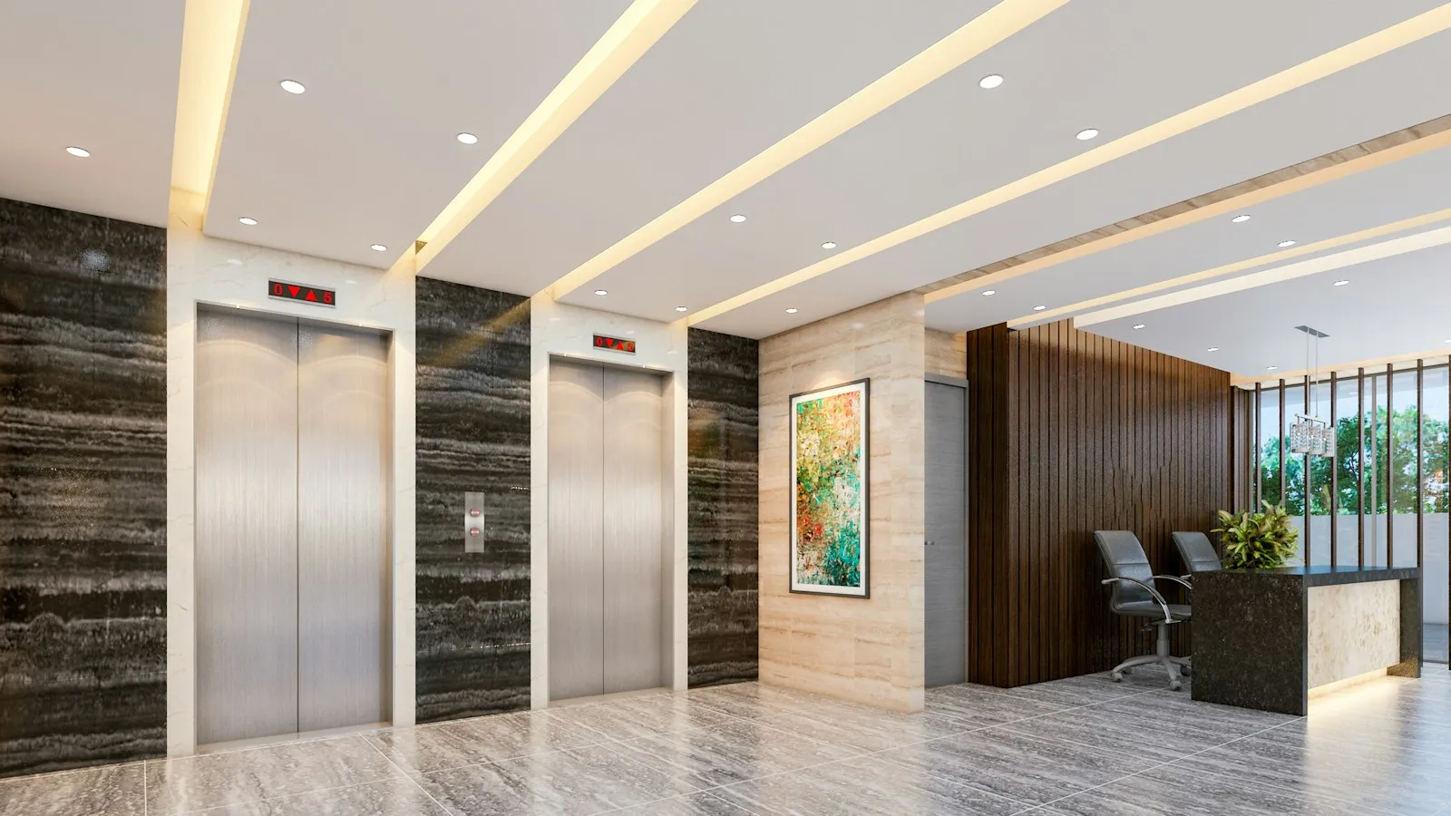 Bright office lobby with a row of closed elevator doors, relevant to escalator and elevator injury claims a lawyer investigates