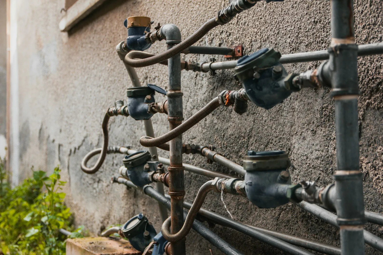 Row of gas meters and pipes mounted on a building wall, illustrating service lines a gas explosion lawyer examines